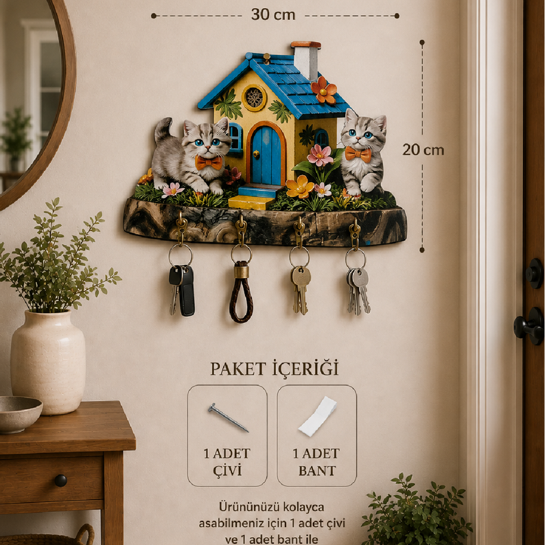 Sevimli Kedili Ev Temalı Dekoratif Duvar Askılı Anahtarlık