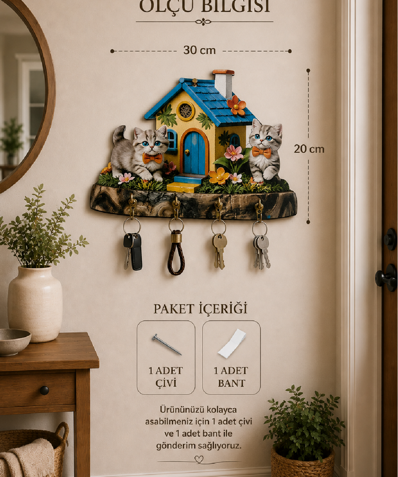 Sevimli Kedili Ev Temalı Dekoratif Duvar Askılı Anahtarlık
