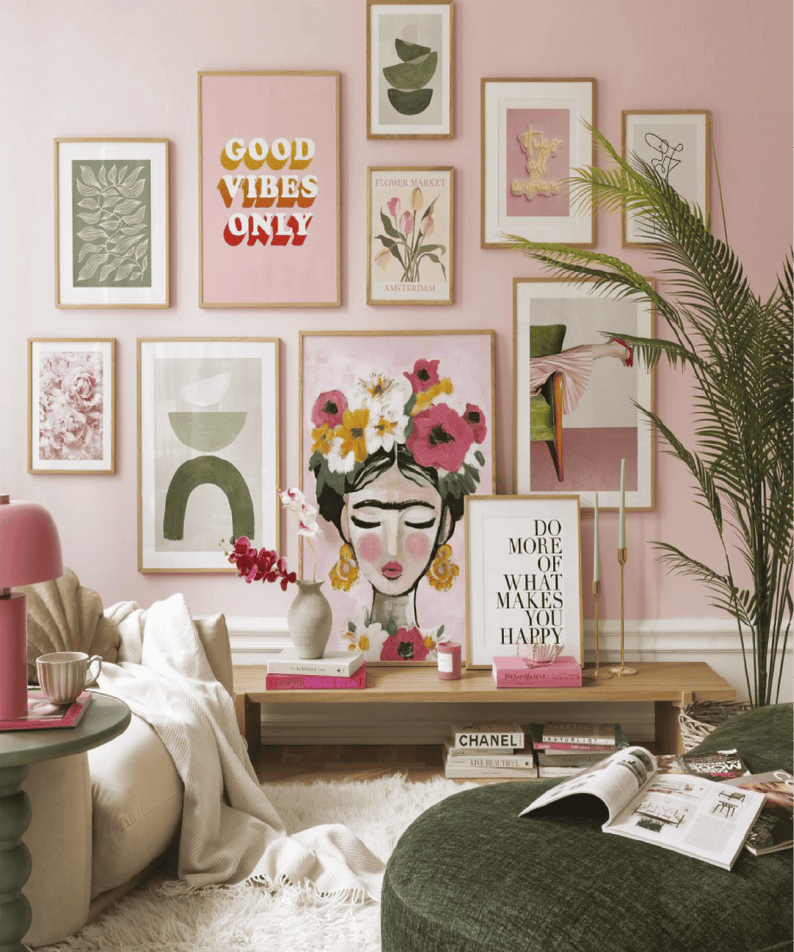 11 Parça Frida Ve Geometrik Desenli Ahşap Çerçeve Görünümlü Tablo Seti