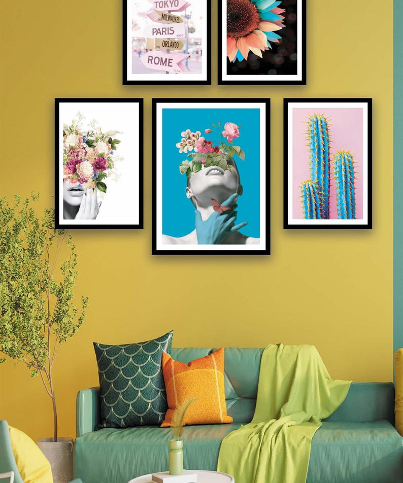 Sanatsal Çiçek Kadın Ve Kaktüs Temalı Tablo Seti