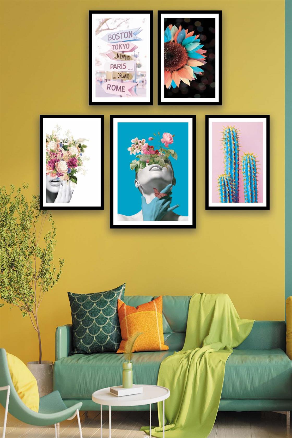 Sanatsal Çiçek Kadın Ve Kaktüs Temalı Tablo Seti