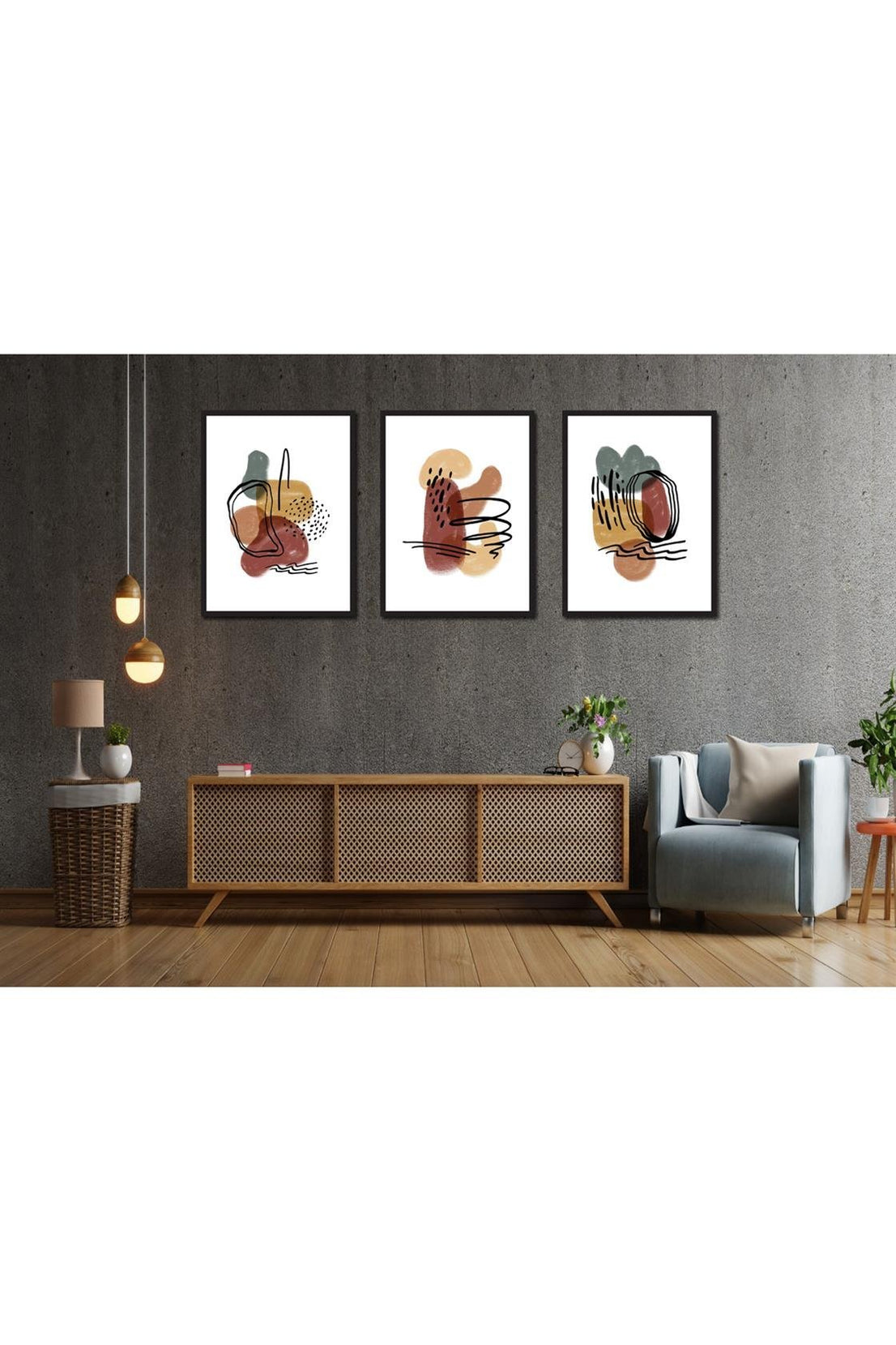 Sanatsal suluboya siyah çerceve görünümlü 3'lü tablo seti