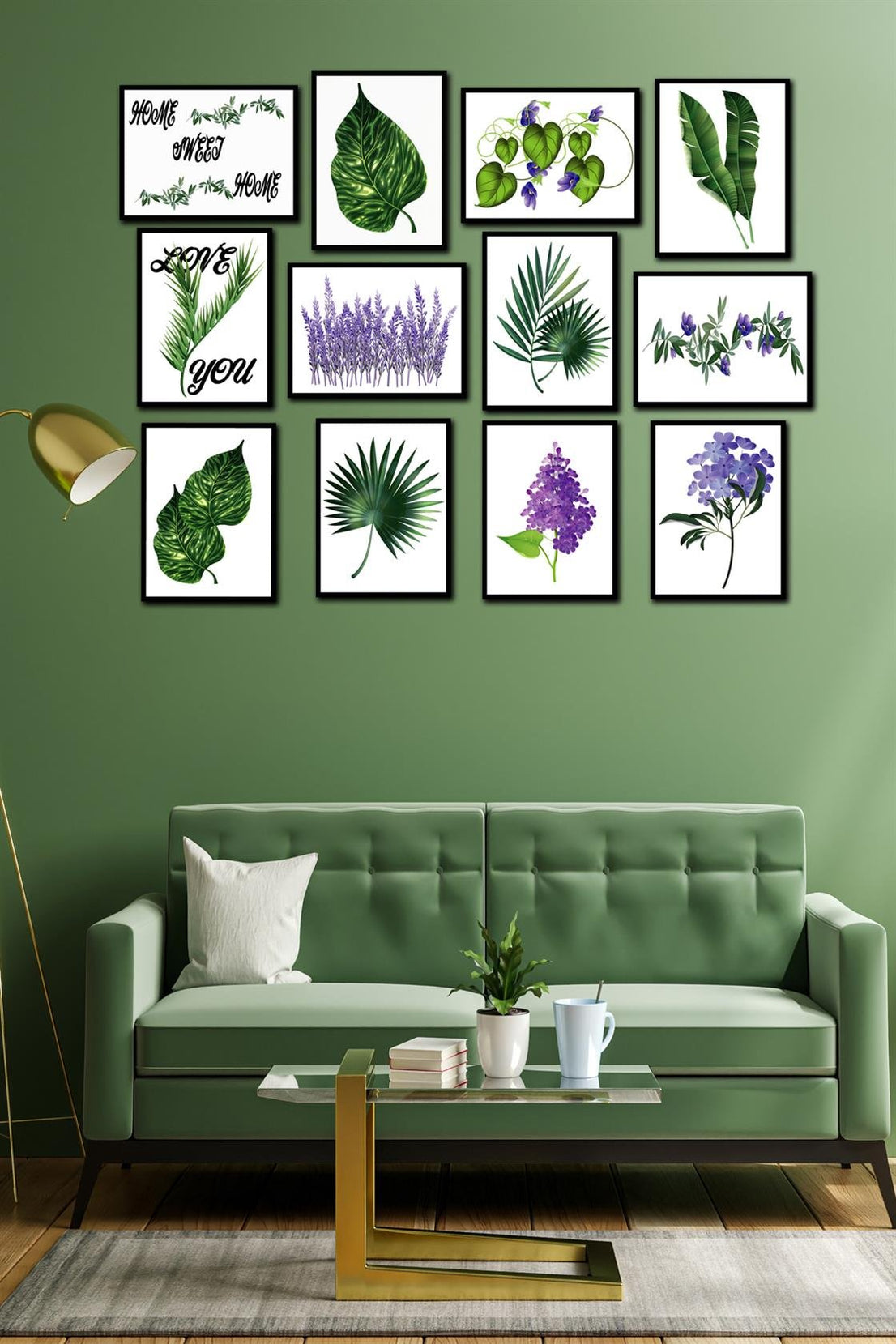 12 Parça Yeşil Yaprak Tarzında Tablo Seti