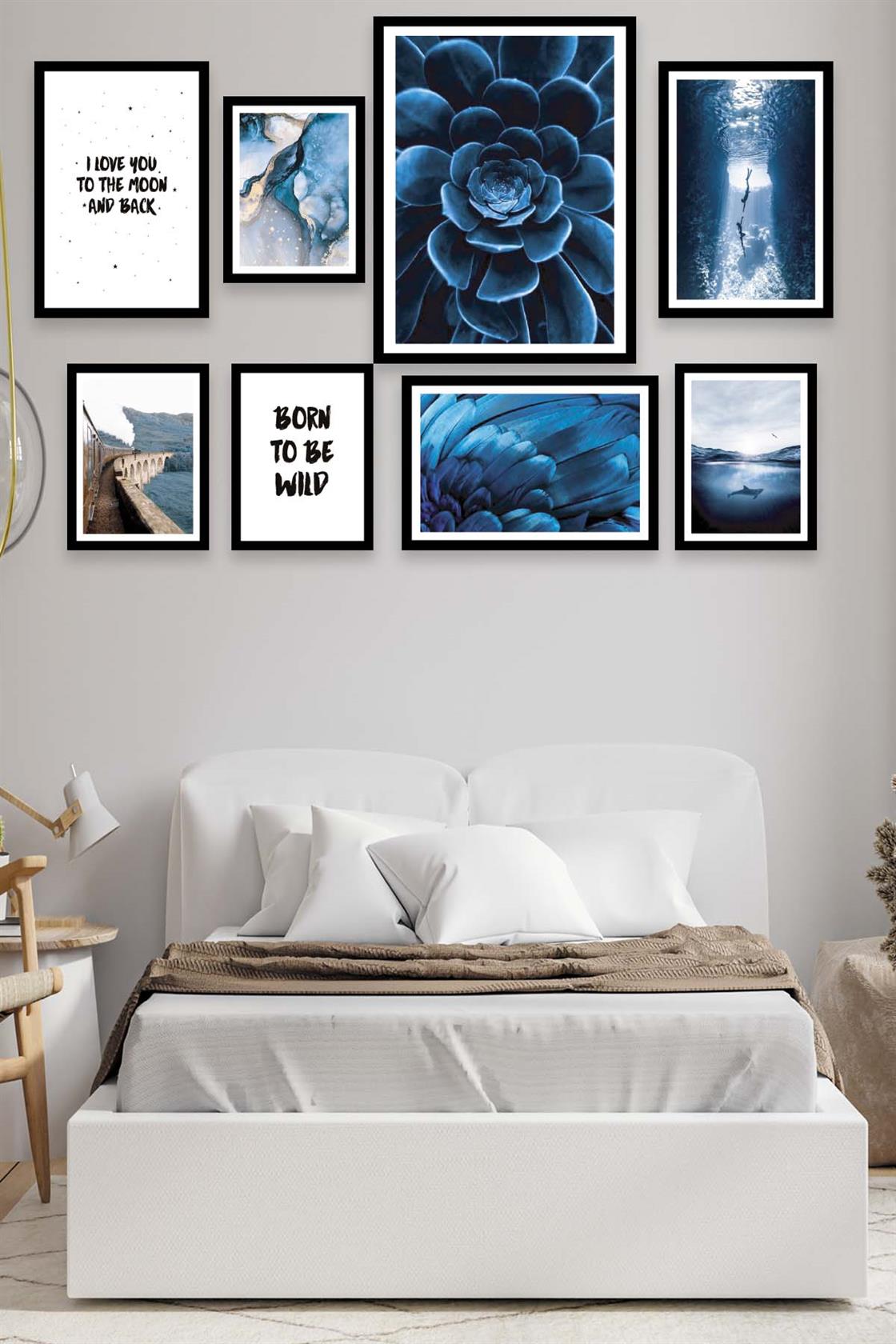 Blue Çiçek Ve Manzara Temalı Tablo Seti