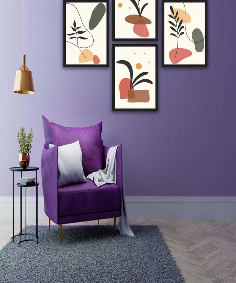 4 Parça Renkli Modern Bohem Tarzda Siyah Çerçeve Görünümlü Uv Baskı Mdf Tablo Seti