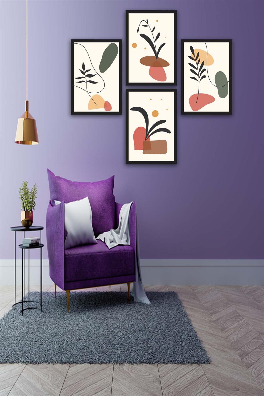 4 Parça Renkli Modern Bohem Tarzda Siyah Çerçeve Görünümlü Uv Baskı Mdf Tablo Seti