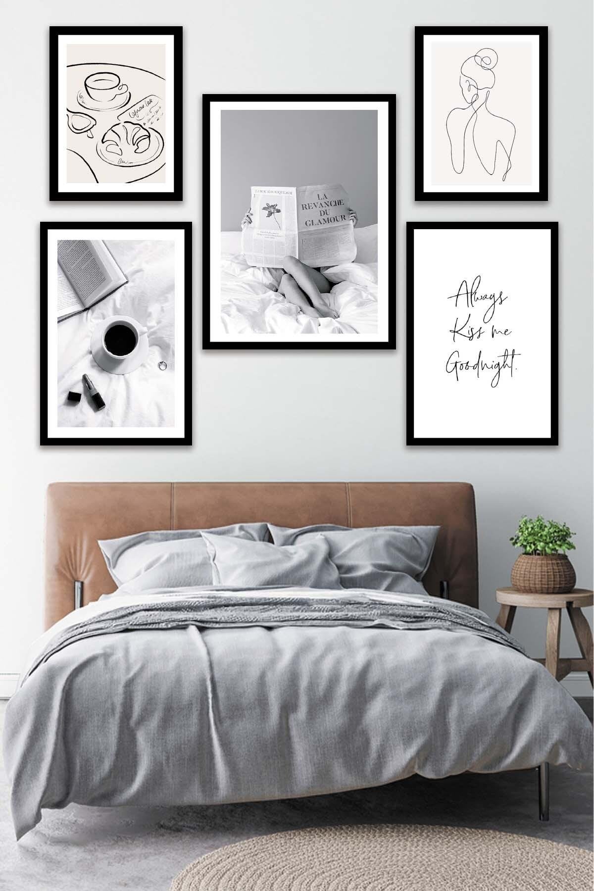 Kahve Kitap Line Art Temalı Tablo Seti