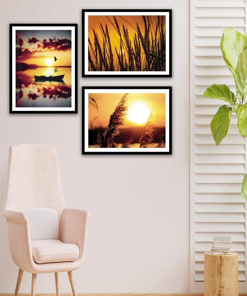 Günbatımı Temalı Siyah Çerçeve Görünümlü Tablo Seti