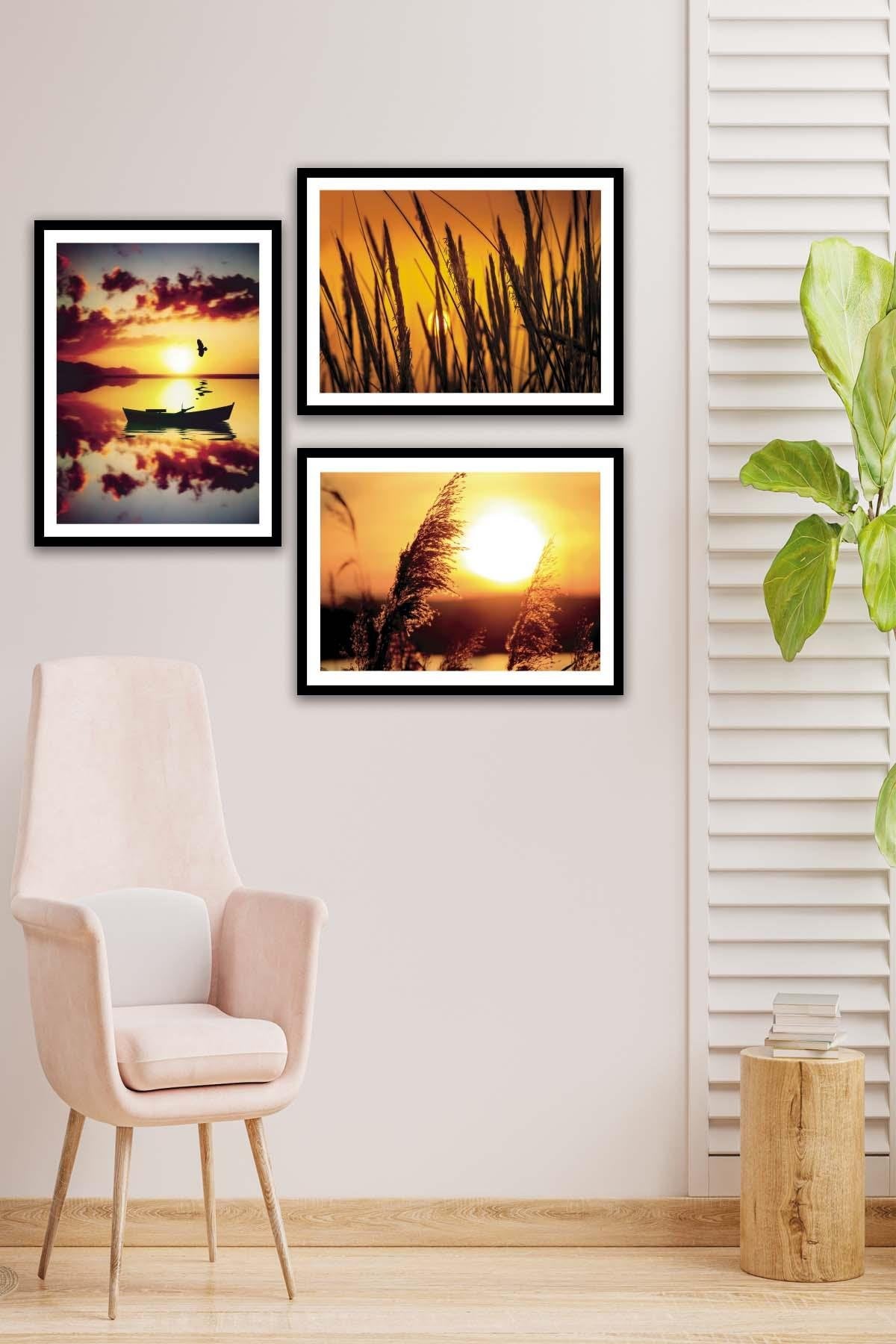 Günbatımı Temalı Siyah Çerçeve Görünümlü Tablo Seti