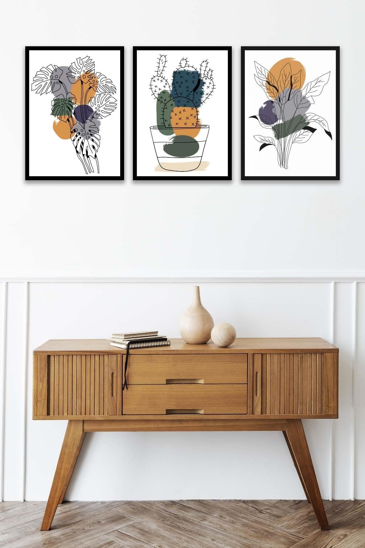 3 Parça Modern Tarzda Kaktüs Tablo Seti