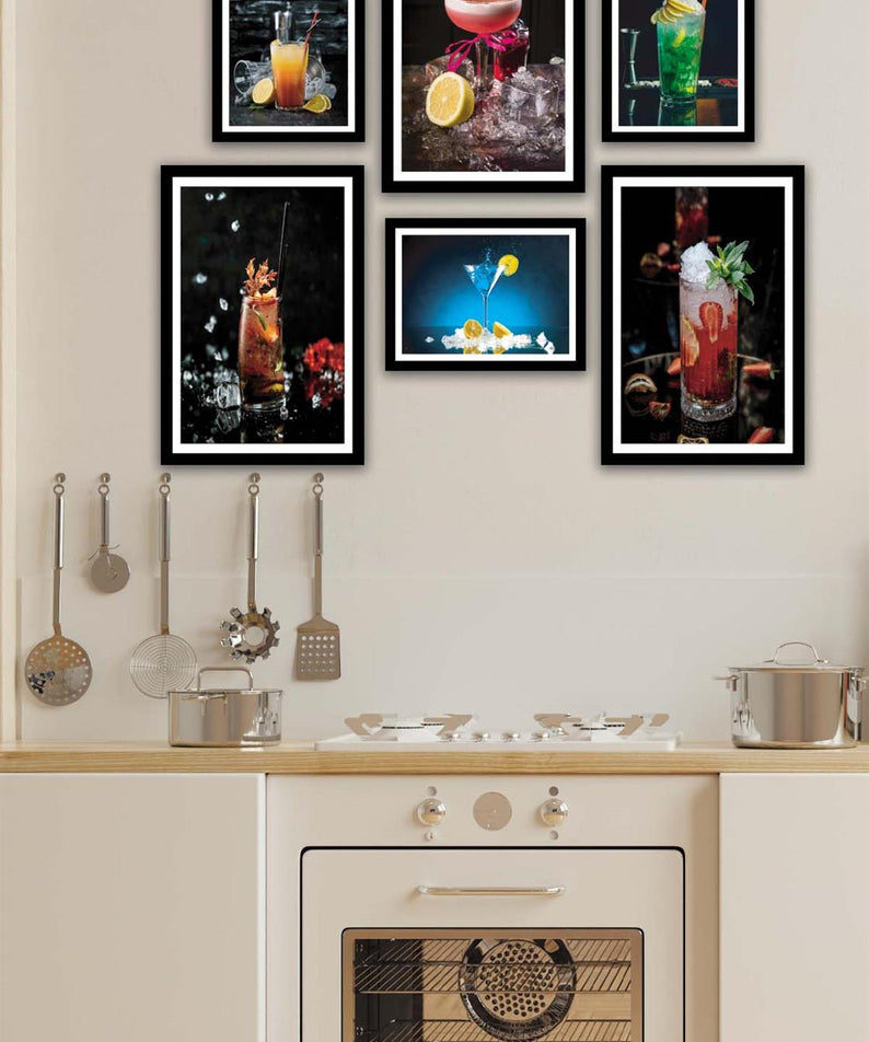 6 Parça İştah Açıcı Meyve Kokteyl Siyah Çerçeve Görünümlü Mdf Ahşap Tablo Seti