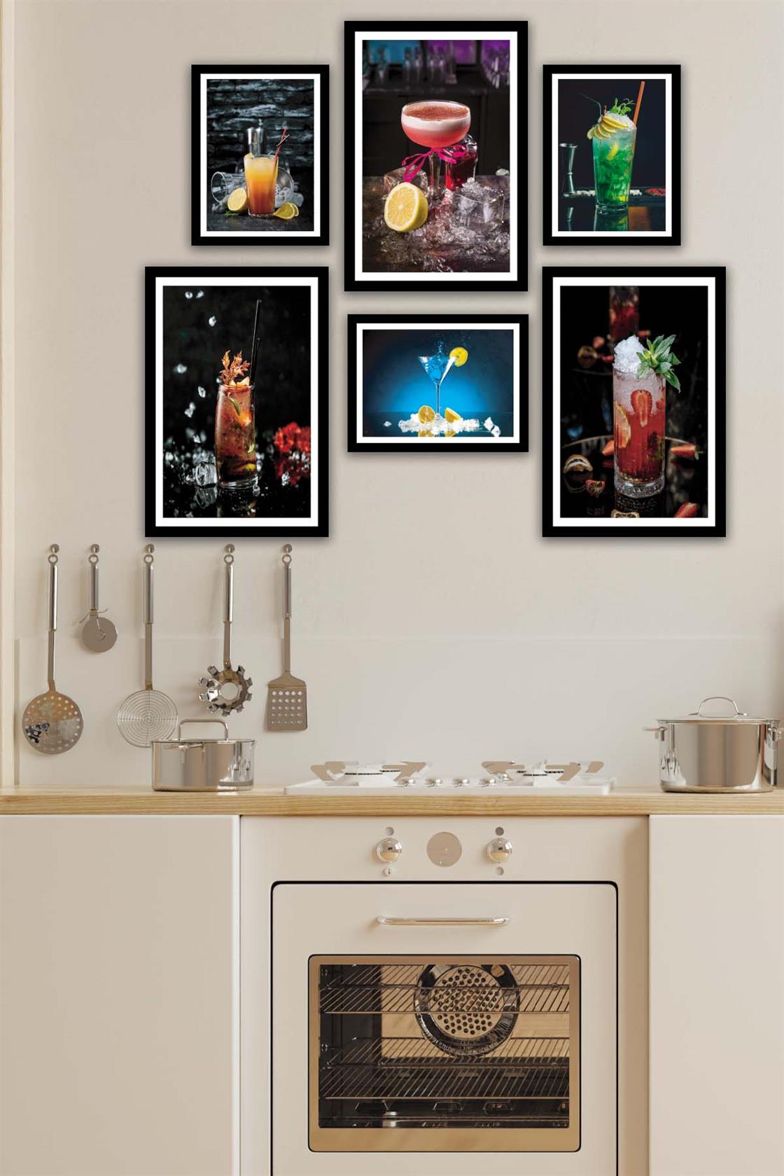 6 Parça İştah Açıcı Meyve Kokteyl Siyah Çerçeve Görünümlü Mdf Ahşap Tablo Seti