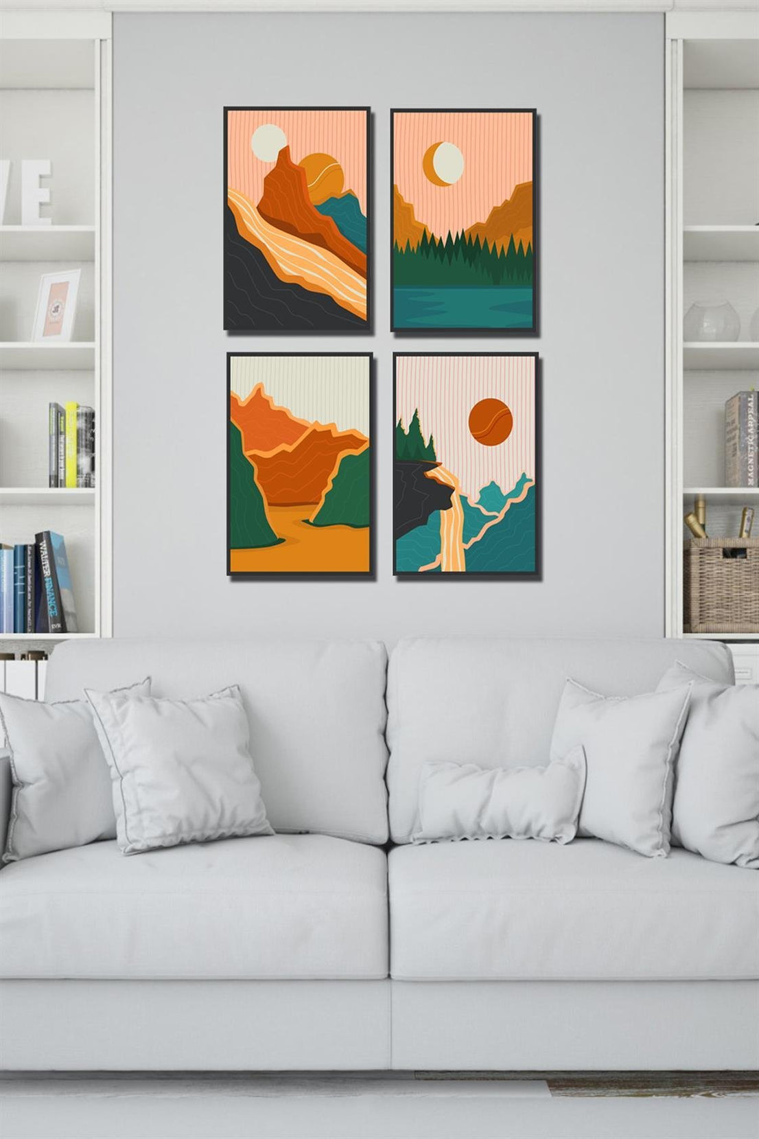 Renkli sanatsal 4'lü tablo seti siyah çerçeveli