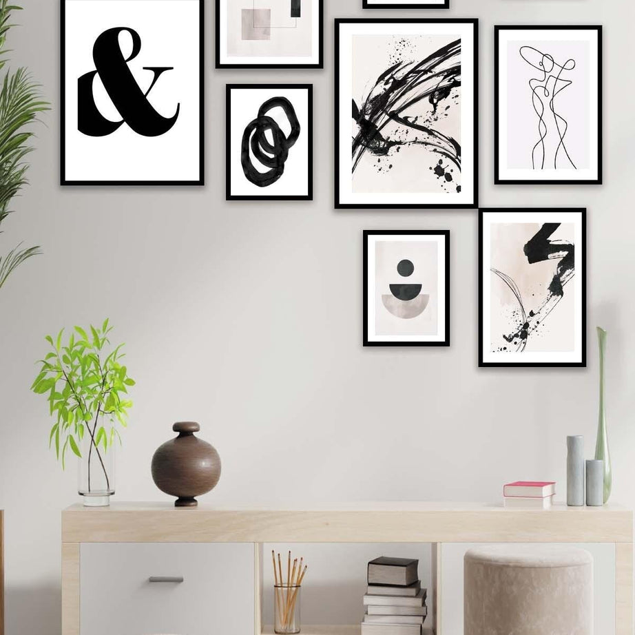 Siyah Geometrik Ve Line Art Temalı Tablo Seti