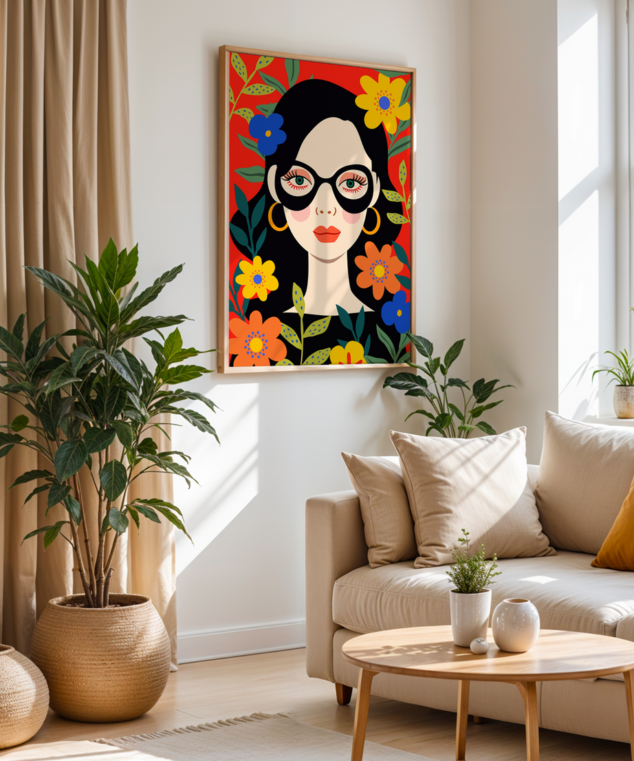 Modern Flora Woman Serisi Tek Parça Doğal Ahşap Çerçeveli Tablo