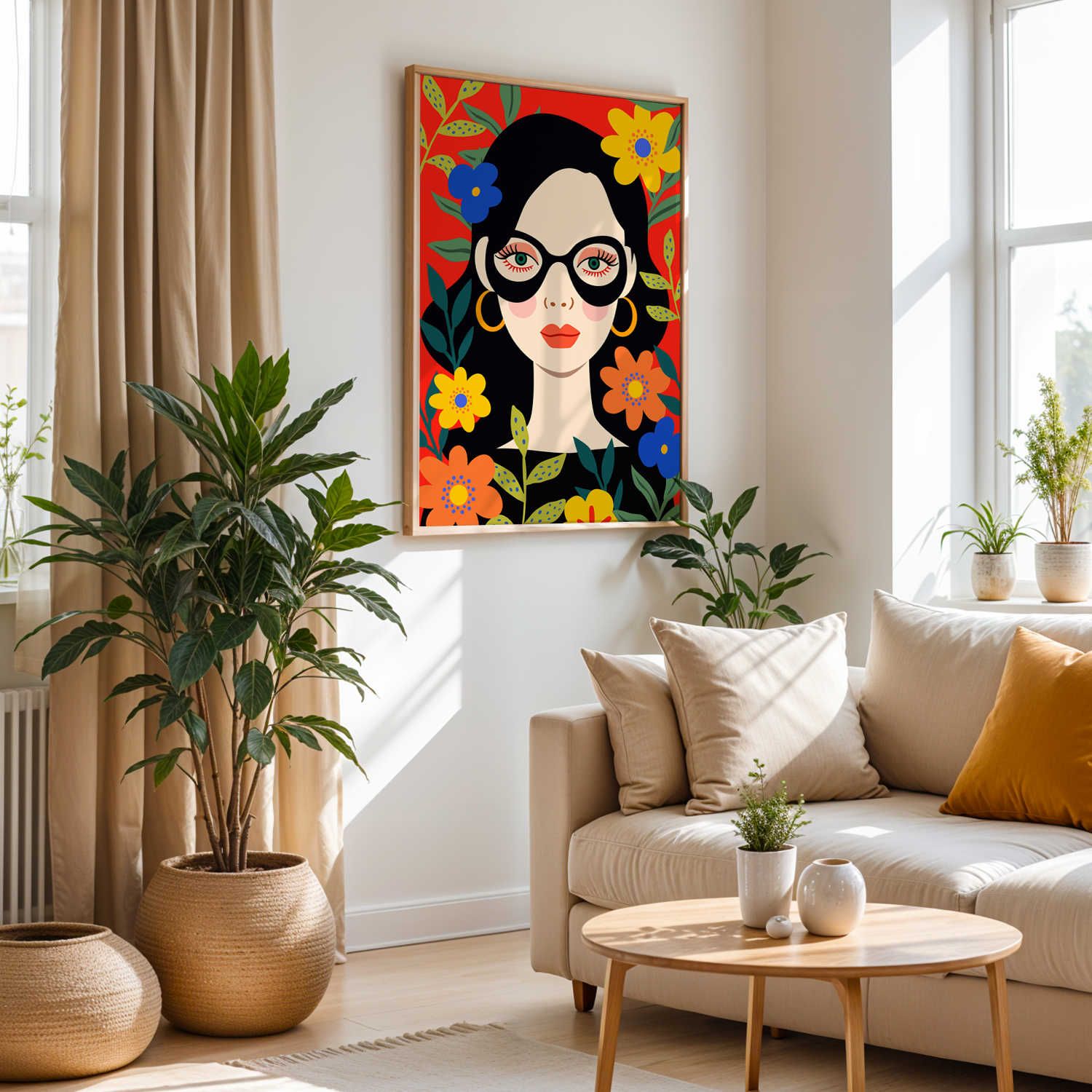 Modern Flora Woman Serisi Tek Parça Doğal Ahşap Çerçeveli Tablo