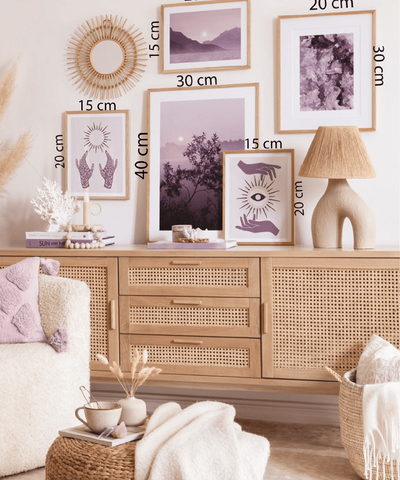 5 Parça Mor Ve Manzara Temalı Ahşap Çerçeve Görünümlü Tablo Seti