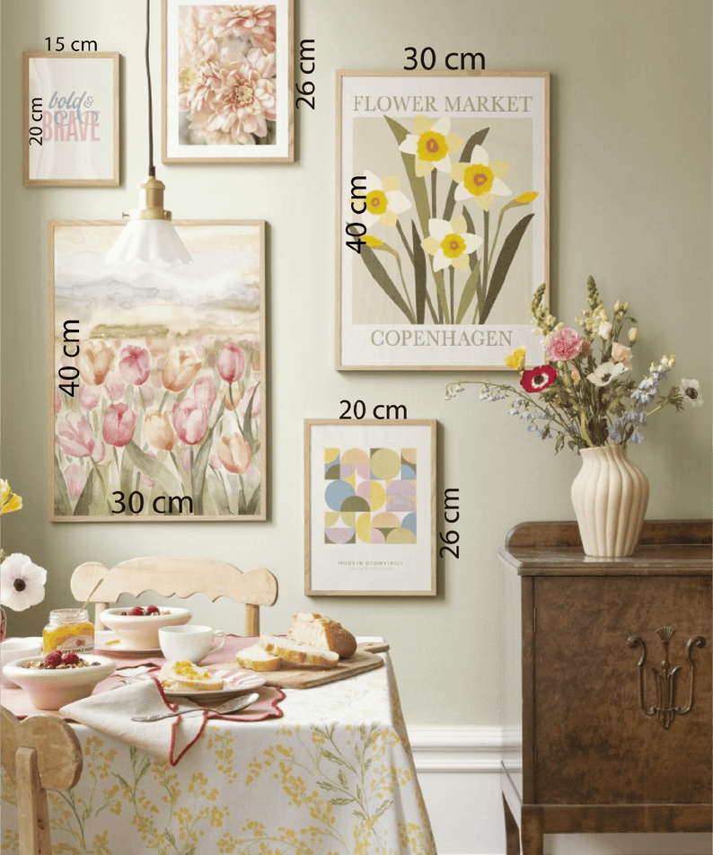 5 Parça Çiçek Temalı Ahşap Çerçeve Görünümlü Tablo Seti