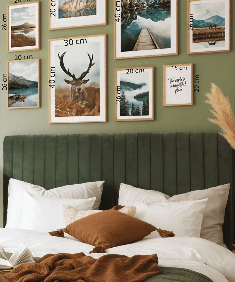 8 Parça İsveç Ve Geyik Temalı Ahşap Çerçeve Görünümlü Tablo Seti