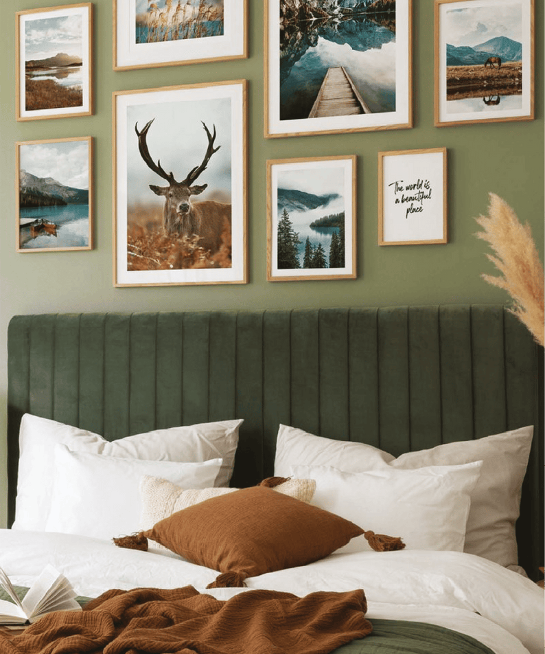 8 Parça İsveç Ve Geyik Temalı Ahşap Çerçeve Görünümlü Tablo Seti