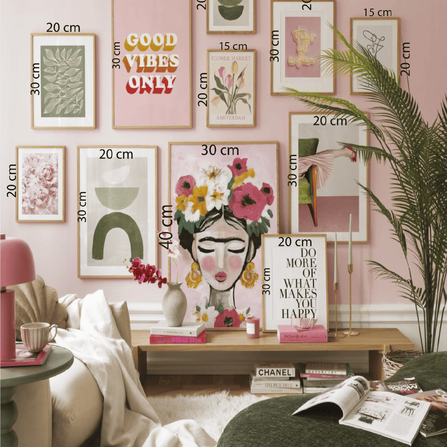 11 Parça Frida Ve Geometrik Desenli Ahşap Çerçeve Görünümlü Tablo Seti