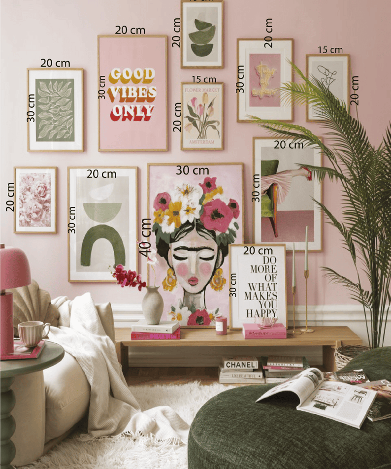 11 Parça Frida Ve Geometrik Desenli Ahşap Çerçeve Görünümlü Tablo Seti