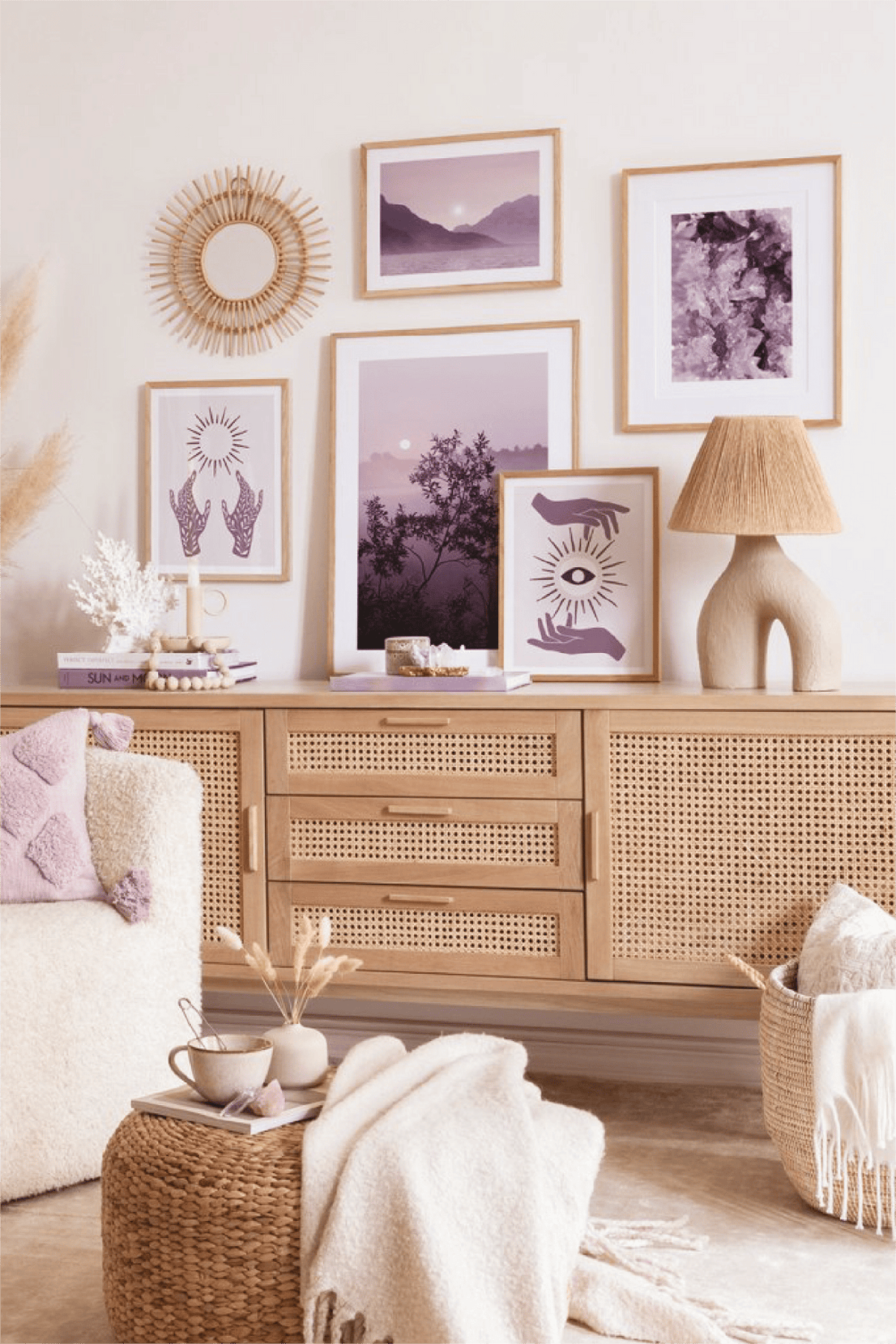 5 Parça Mor Ve Manzara Temalı Ahşap Çerçeve Görünümlü Tablo Seti