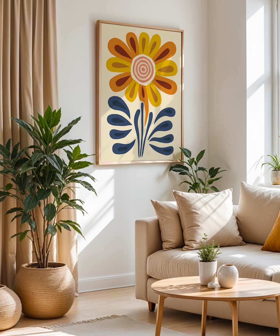 Nordic Flower Serisi Tek Parça Doğal Ahşap Çerçeveli Tablo