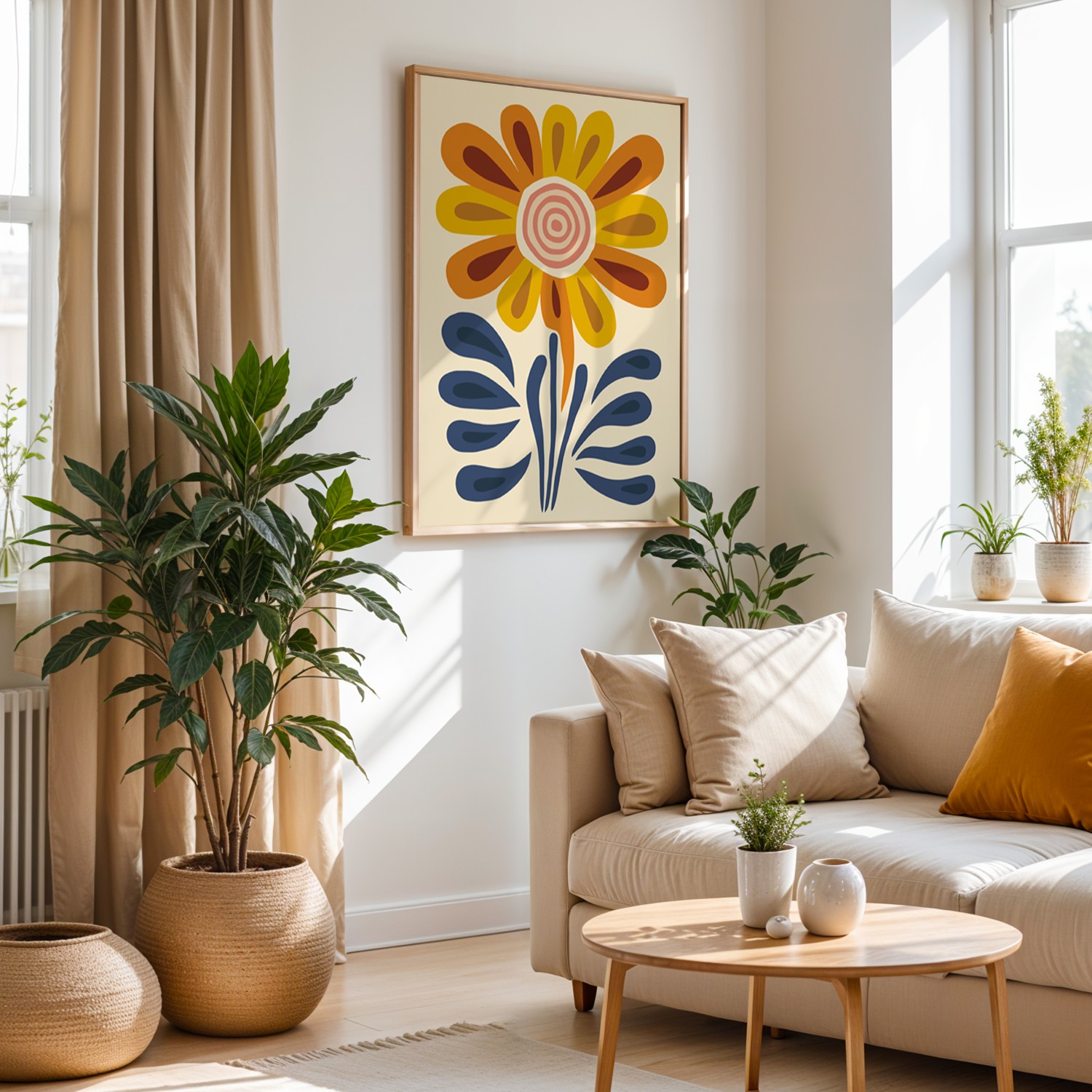 Nordic Flower Serisi Tek Parça Doğal Ahşap Çerçeveli Tablo