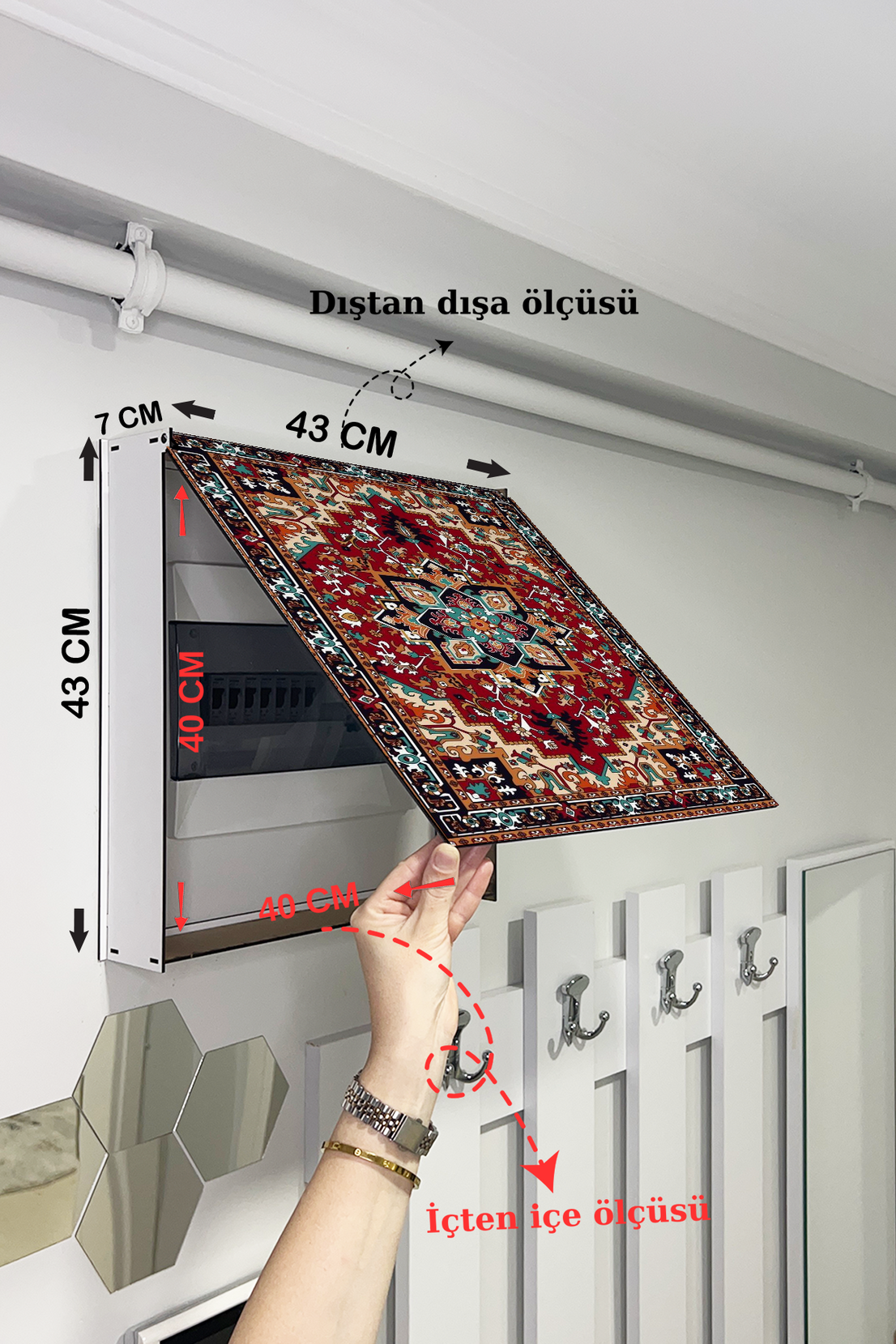 Etnik Desenli Eskitme Duvar Halısı Temalı Ahşap Sigorta Saklama Kutusu
