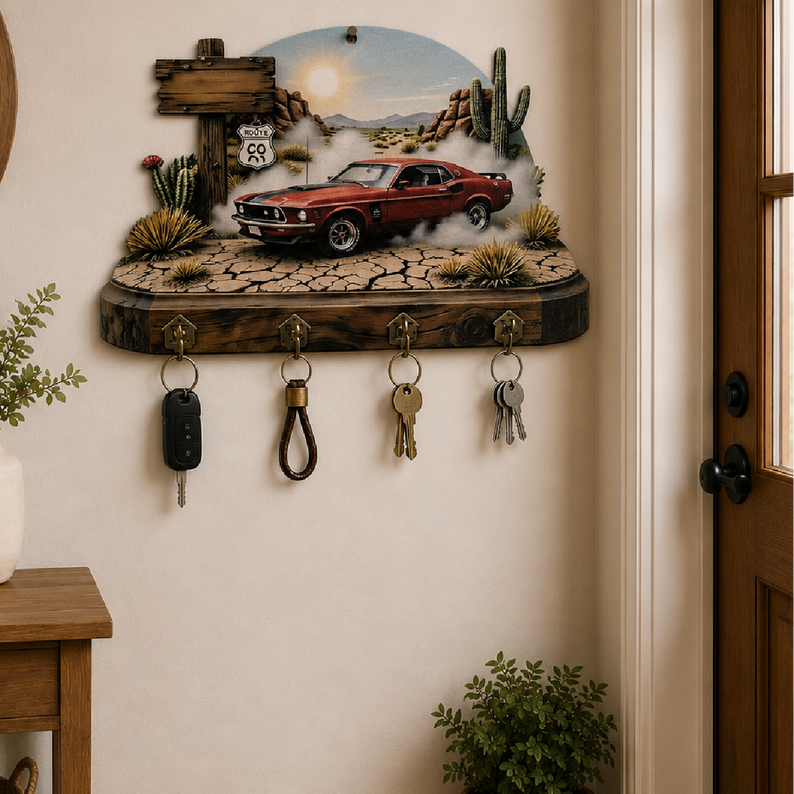 Klasik Araba ve Route 66 Temalı Dekoratif Duvar Askılı Anahtarlık