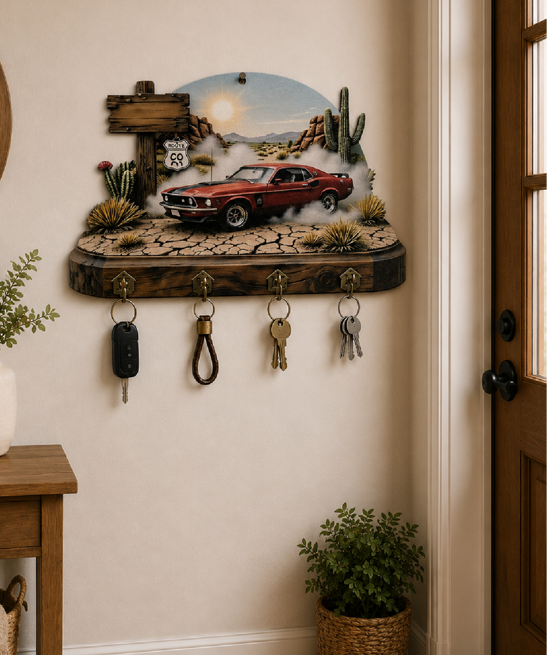 Klasik Araba ve Route 66 Temalı Dekoratif Duvar Askılı Anahtarlık