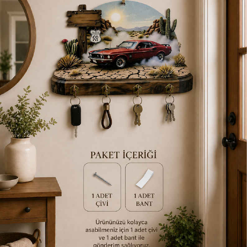 Klasik Araba ve Route 66 Temalı Dekoratif Duvar Askılı Anahtarlık
