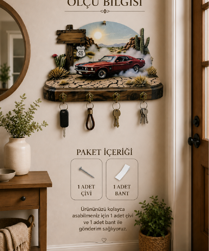 Klasik Araba ve Route 66 Temalı Dekoratif Duvar Askılı Anahtarlık