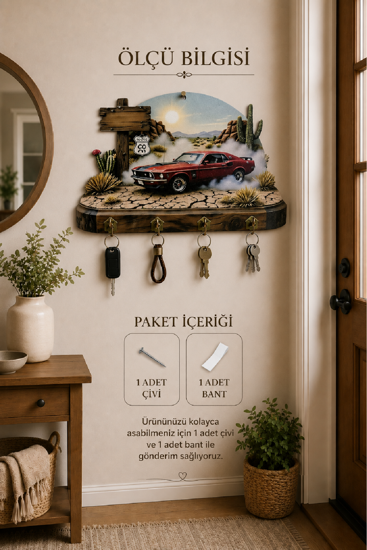 Klasik Araba ve Route 66 Temalı Dekoratif Duvar Askılı Anahtarlık