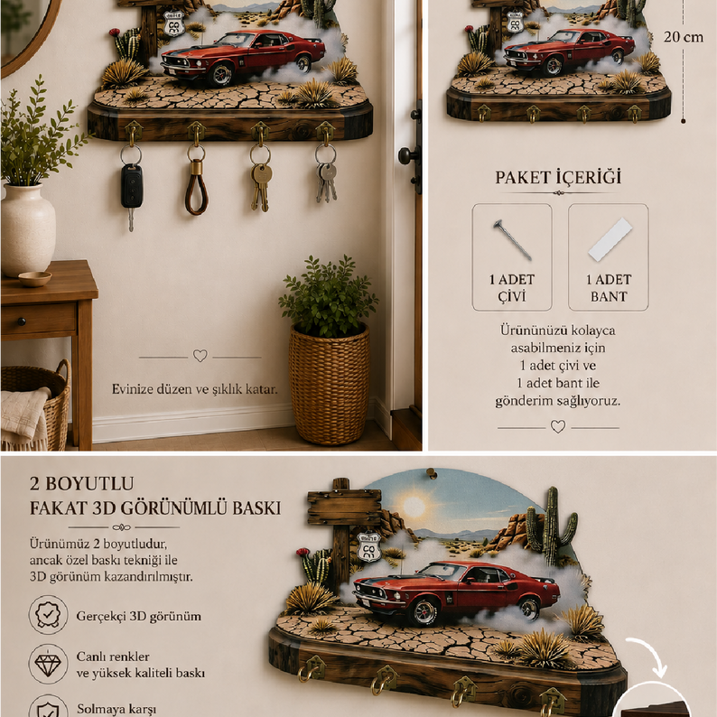 Klasik Araba ve Route 66 Temalı Dekoratif Duvar Askılı Anahtarlık