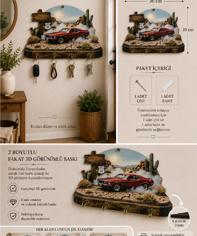 Klasik Araba ve Route 66 Temalı Dekoratif Duvar Askılı Anahtarlık