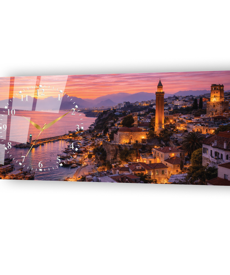 Antalya Yivli Minare ve Kaleiçi Manzarası Temalı Saatli Cam Tablo