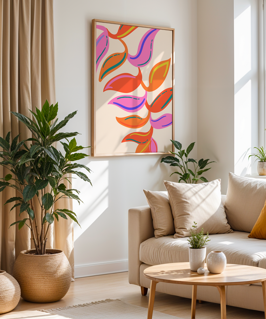 Colorful Botanical Leaves Serisi Tek Parça Doğal Ahşap Çerçeveli Tablo