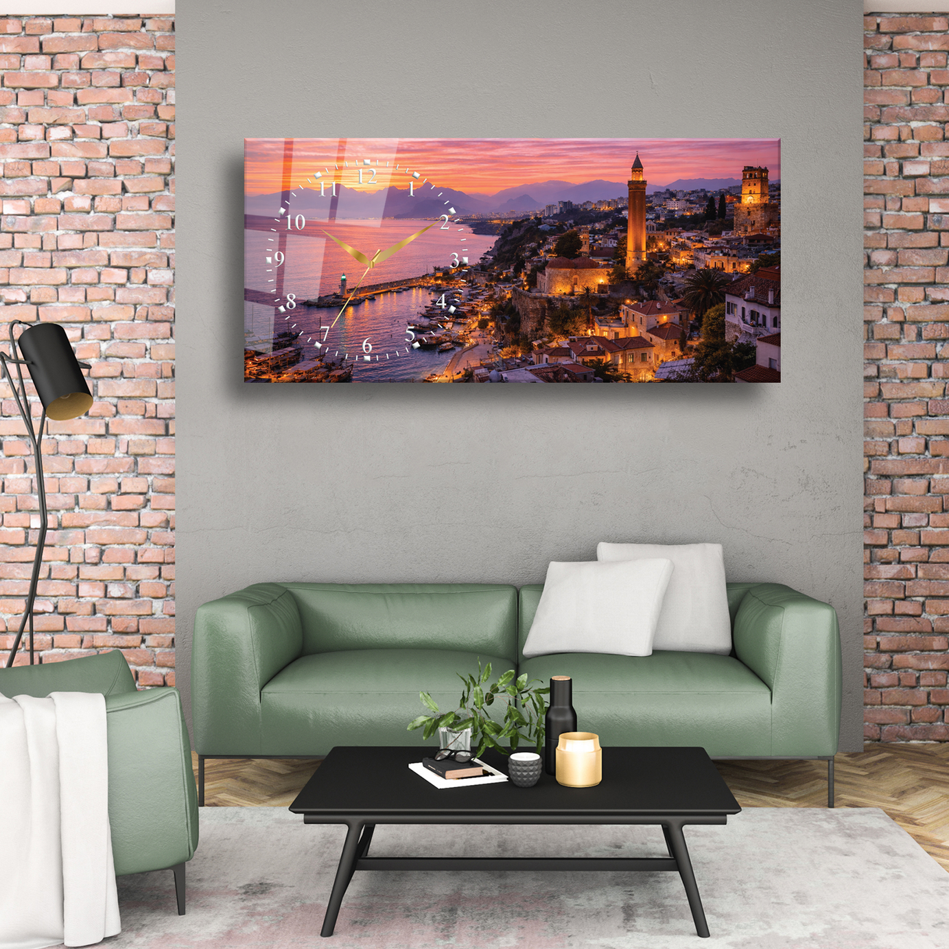 Antalya Yivli Minare ve Kaleiçi Manzarası Temalı Saatli Cam Tablo