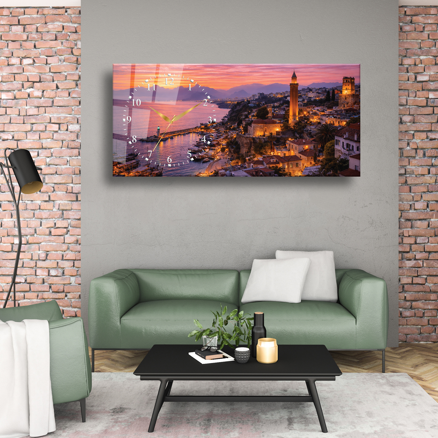Antalya Yivli Minare ve Kaleiçi Manzarası Temalı Saatli Cam Tablo