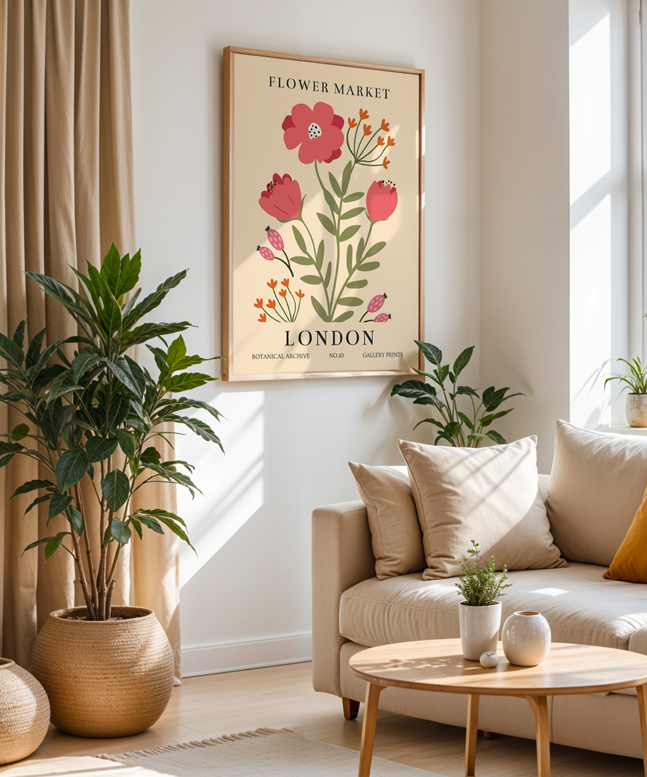 Flower Market London Serisi Tek Parça Doğal Ahşap Çerçeveli Tablo