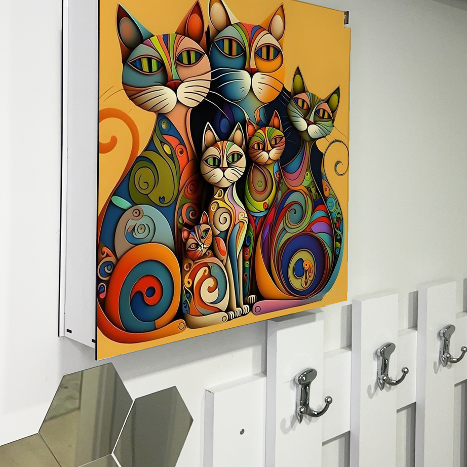 Kedi Ailesi sanatsal Temalı Ahşap Sigorta Saklama Kutusu