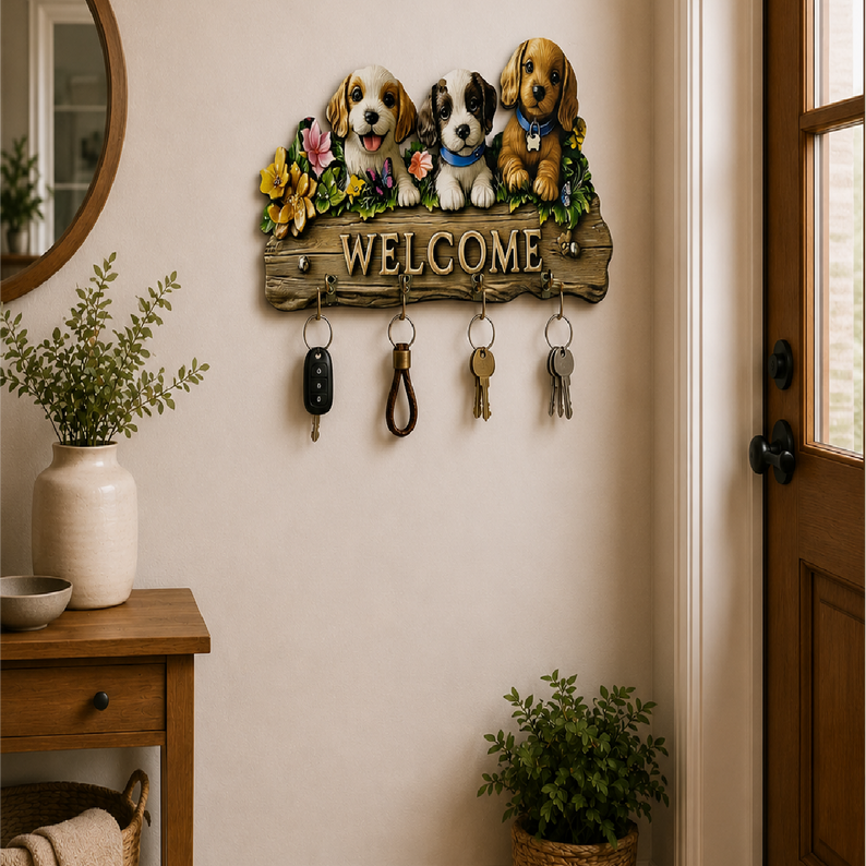 Sevimli Köpekler Welcome Dekoratif Duvar Askılı Anahtarlık