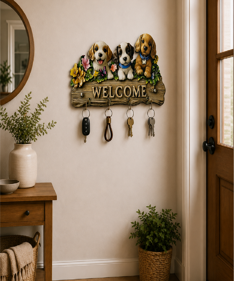 Sevimli Köpekler Welcome Dekoratif Duvar Askılı Anahtarlık