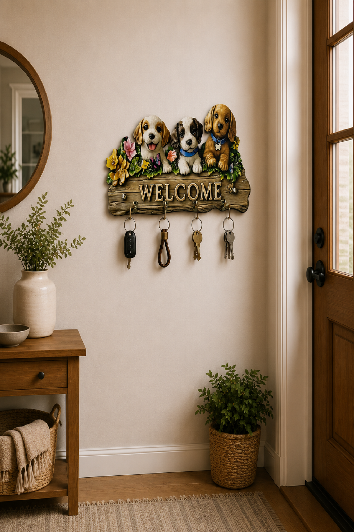 Sevimli Köpekler Welcome Dekoratif Duvar Askılı Anahtarlık