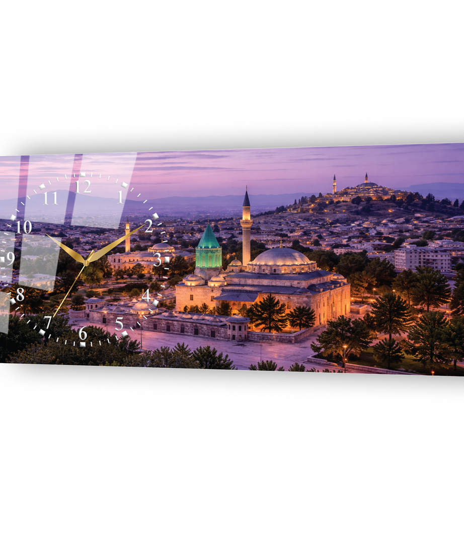 Konya Mevlana Türbesi Temalı Temperli Saatli Cam Tablo