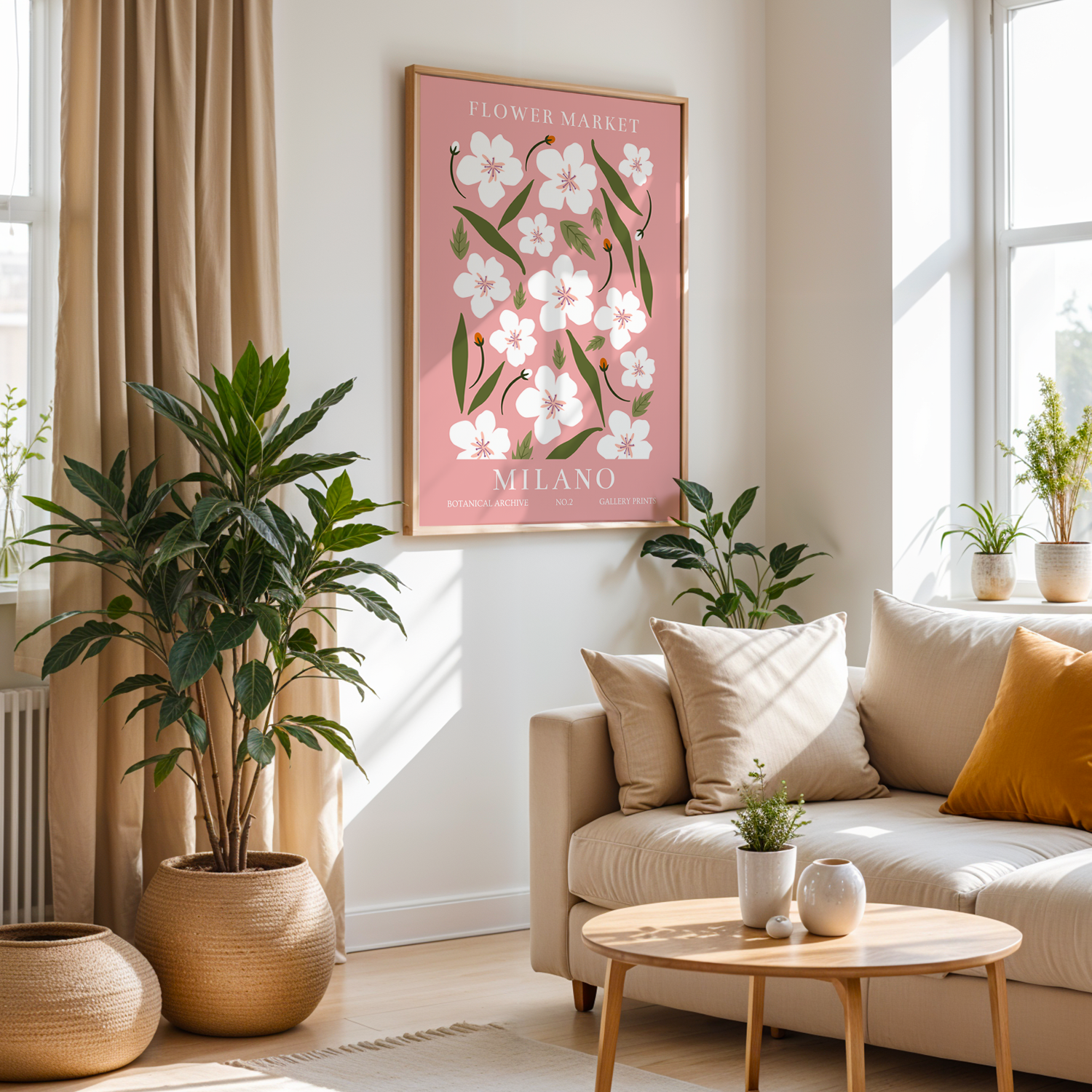 Flower Market Milano Serisi Tek Parça Doğal Ahşap Çerçeveli Tablo