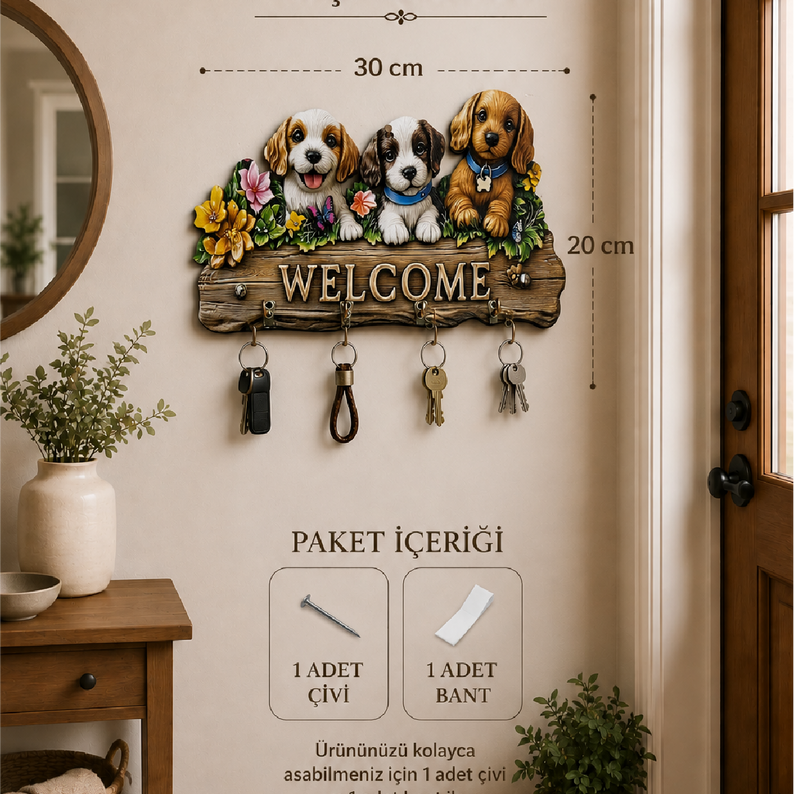 Sevimli Köpekler Welcome Dekoratif Duvar Askılı Anahtarlık