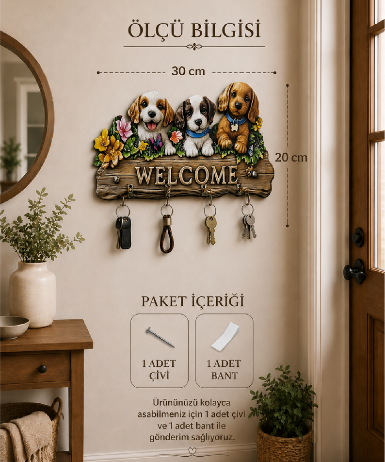 Sevimli Köpekler Welcome Dekoratif Duvar Askılı Anahtarlık